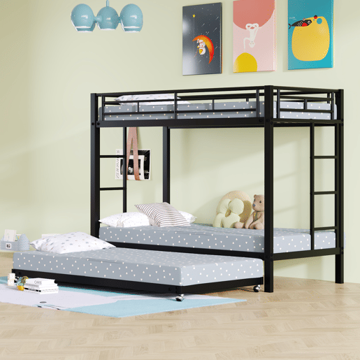 Beliche de metal 90x200 cm - com cama de rodízio 90x190 cm com rodas - Preto