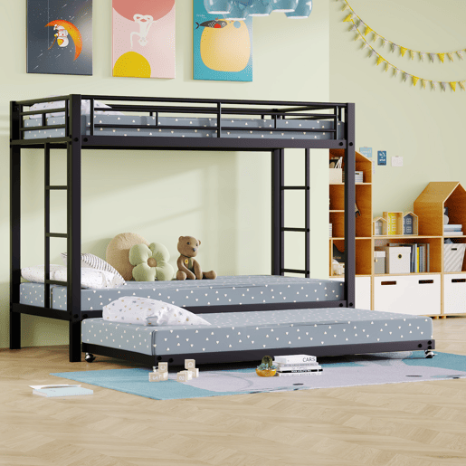 Beliche de metal 90x200 cm - com cama de rodízio 90x190 cm com rodas - Preto