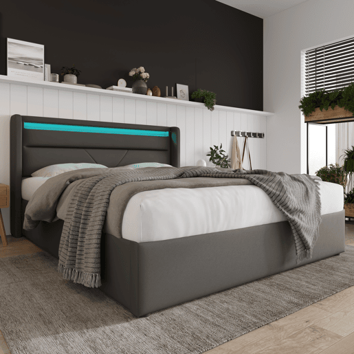 Cama contentora 160x200cm em imitação de pele com LED - com estrado - Cinzento