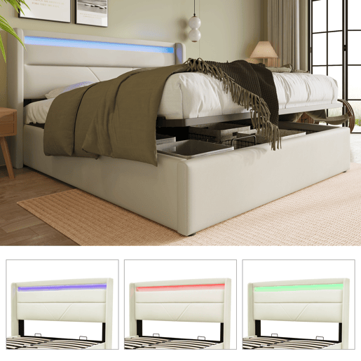 Cama contentora 160x200cm em imitação de pele com LED - com estrado - Branco