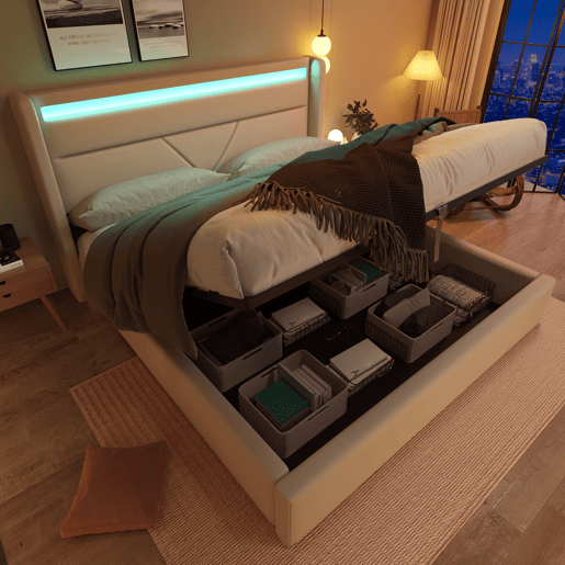 Cama contentora 160x200cm em imitação de pele com LED - com estrado - Branco