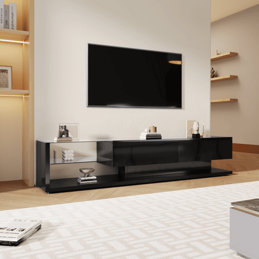 Suporte para TV 170cm com LED e ecrã de vidro - 2 gavetas - Preto