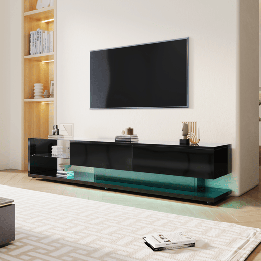Suporte para TV 170cm com LED e ecrã de vidro - 2 gavetas - Preto