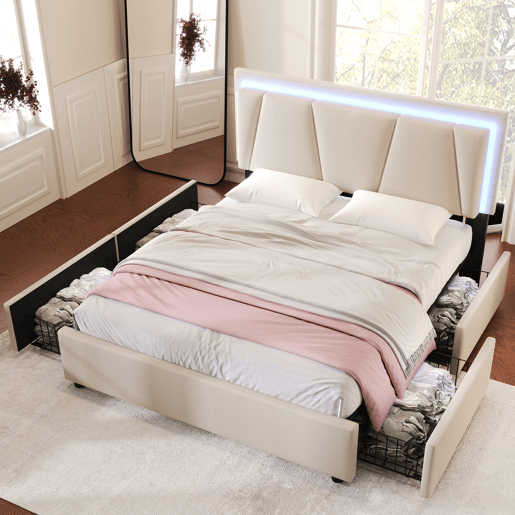 Cama estofada 140x200cm em linho - com 2 gavetas + LED + estrado - Bege