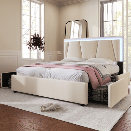 Cama estofada 140x200cm em linho - com 2 gavetas + LED + estrado - Bege