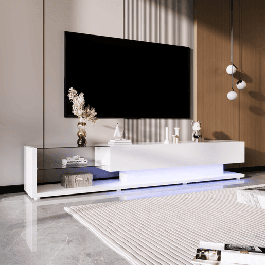 Suporte de TV 170cm com LED e ecrã de vidro - 2 gavetas - Branco
