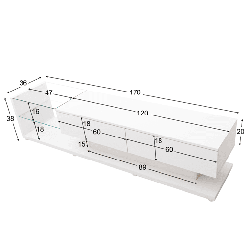 Suporte de TV 170cm com LED e ecrã de vidro - 2 gavetas - Branco