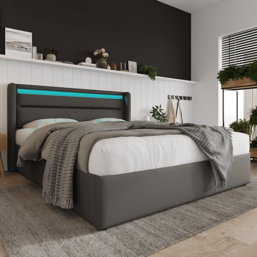 Cama de couro sintético de 140x200cm com LED - com estrado - Cinzento