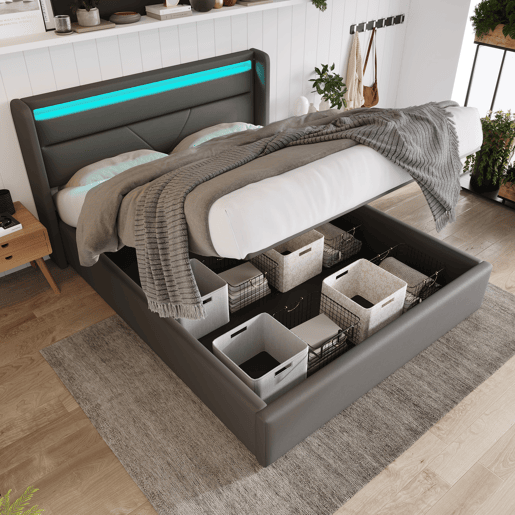 Cama de couro sintético de 140x200cm com LED - com estrado - Cinzento