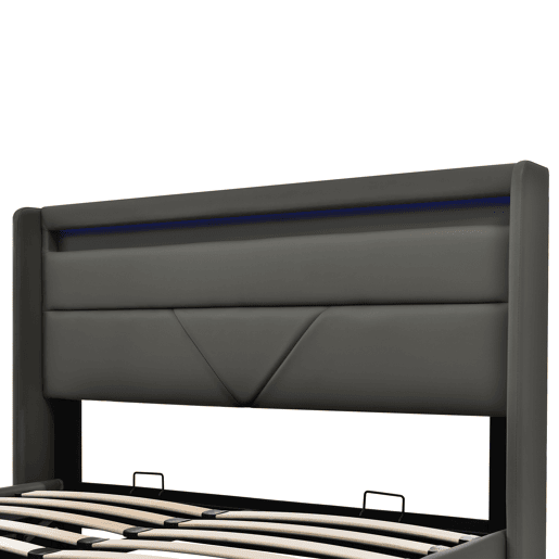 Cama de couro sintético de 140x200cm com LED - com estrado - Cinzento