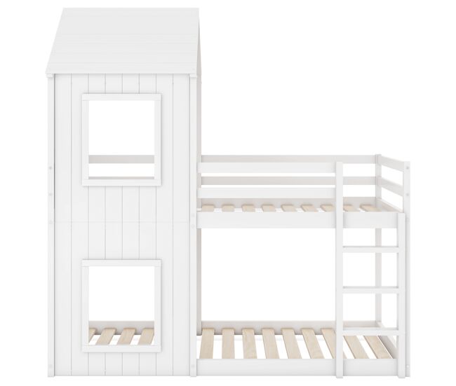 Litera cabina 90x200 cm - madera maciza - con 2 ventanas - blanco