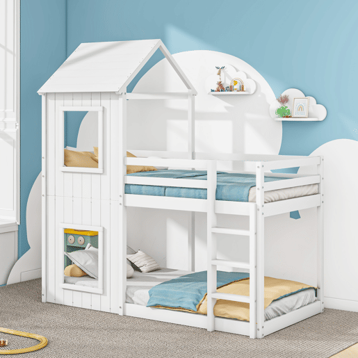 Beliche cabina 90x200 cm - madeira maciça - com 2 janelas - Branco Beliche cabina 90x200 cm - madeira maciça - com 2 janelas - Branco