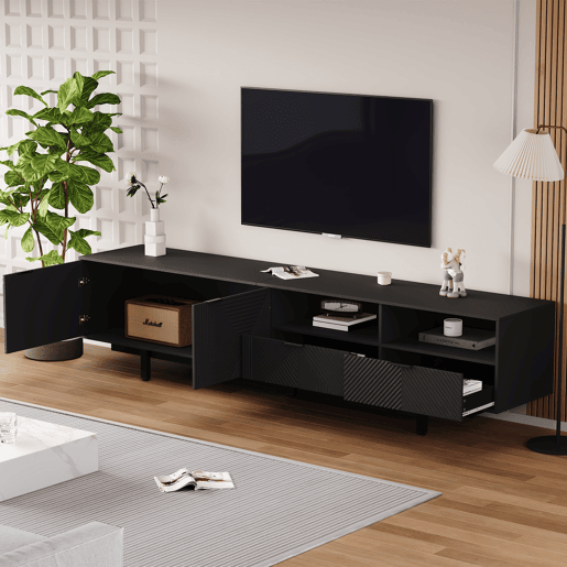 Armário TV 200 cm - com 3 compartimentos e 2 gavetas - Capacidade máxima TV 90u201D - Preto