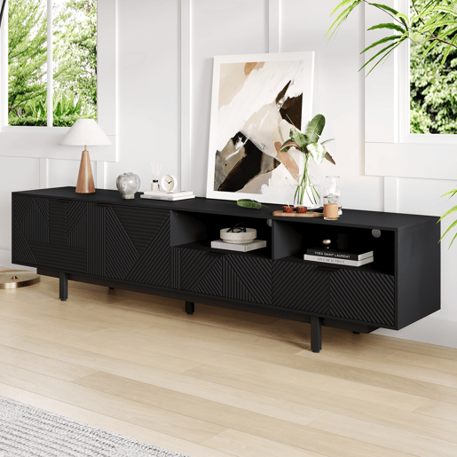 Armário TV 200 cm - com 3 compartimentos e 2 gavetas - Capacidade máxima TV 90u201D - Preto