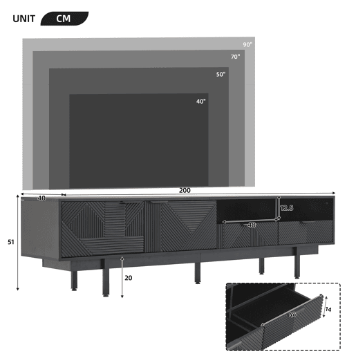 Armário TV 200 cm - com 3 compartimentos e 2 gavetas - Capacidade máxima TV 90u201D - Preto