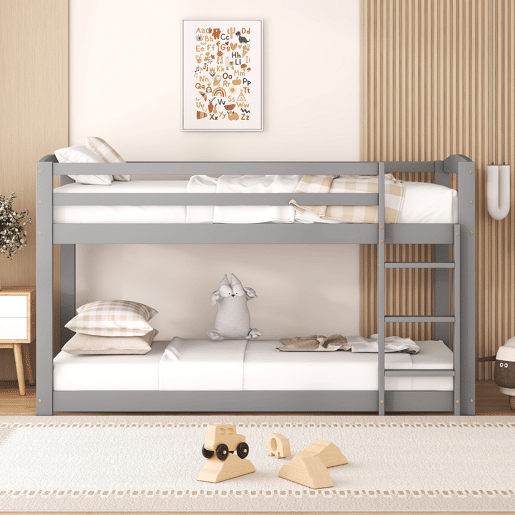 Beliche em pinho com barreiras anti-queda + escada - 90x200cm - Cinzento