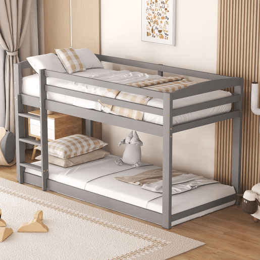 Beliche em pinho com barreiras anti-queda + escada - 90x200cm - Cinzento