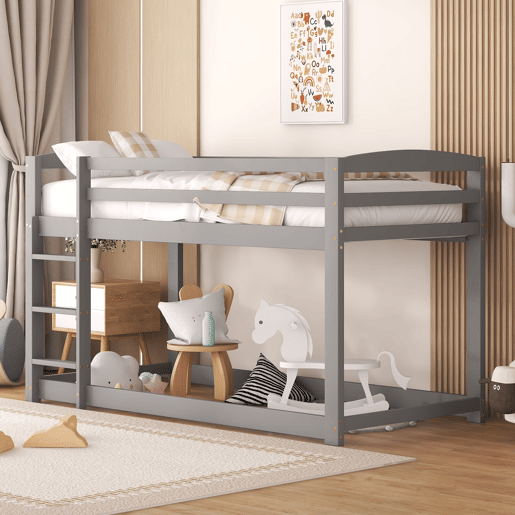 Beliche em pinho com barreiras anti-queda + escada - 90x200cm - Cinzento