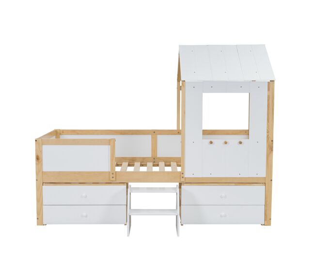 Cama-cabina 90x200 cm con barrera de seguridad - con 4 cajones y escalera - en madera de pino y mdf - blanco & natural