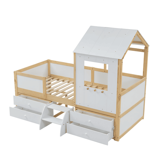 Cama de cabina 90x200 cm com barreira de segurança - com 4 gavetas e escada - em madeira de pinho e MDF - Branco e Natural