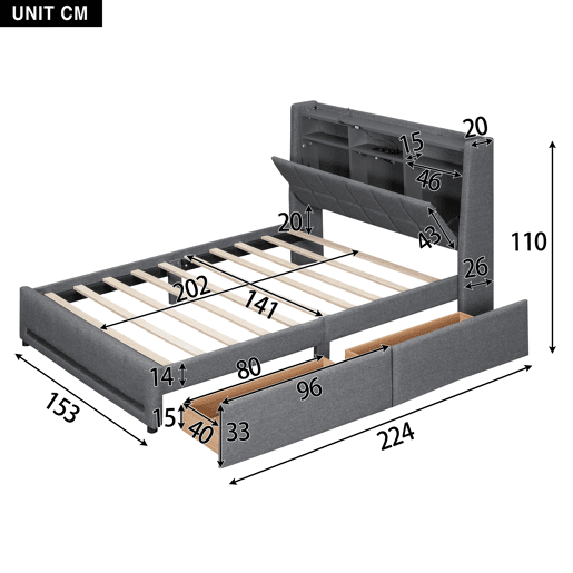 Cama de casal 140x200 cm em tecido de linho - com 2 gavetas + LED + tomada USB - Cinzento