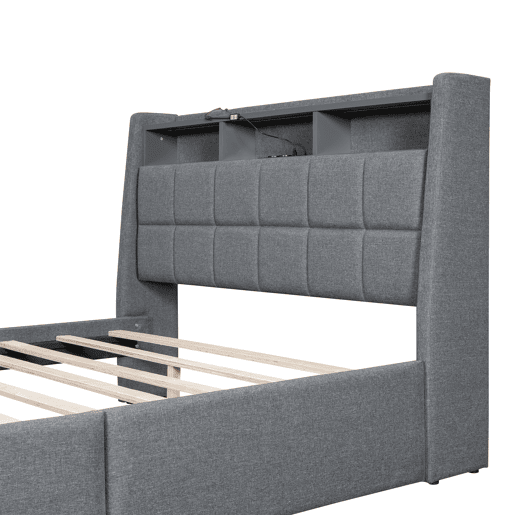 Cama de casal 140x200 cm em tecido de linho - com 2 gavetas + LED + tomada USB - Cinzento