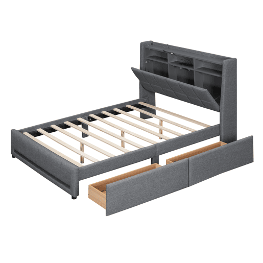Cama de casal 140x200 cm em tecido de linho - com 2 gavetas + LED + tomada USB - Cinzento