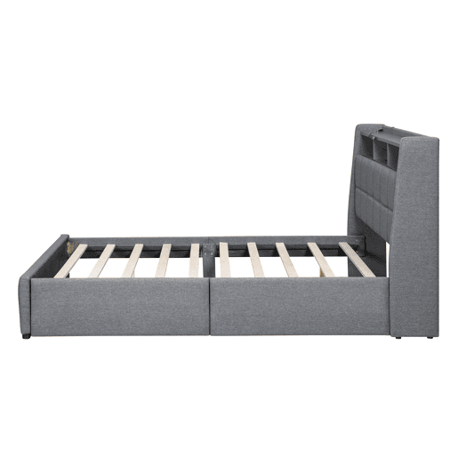 Cama de casal 140x200 cm em tecido de linho - com 2 gavetas + LED + tomada USB - Cinzento