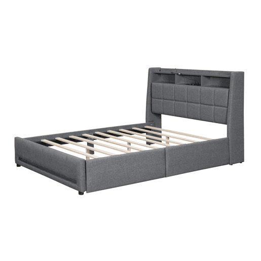 Cama de casal 140x200 cm em tecido de linho - com 2 gavetas + LED + tomada USB - Cinzento