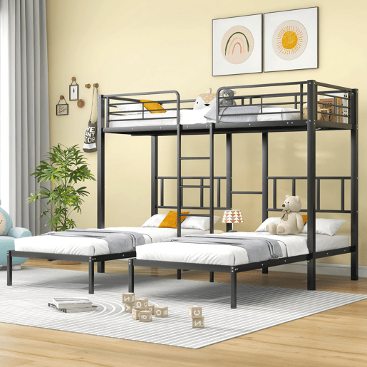 Beliche triplo 3x90x200cm com escada e tabuleiro - estrutura metálica - Preto