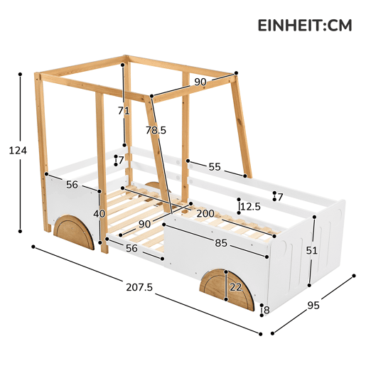 Cama de criança em pinho maciço 90x200 cm - em forma de jipe - Branco e Natural