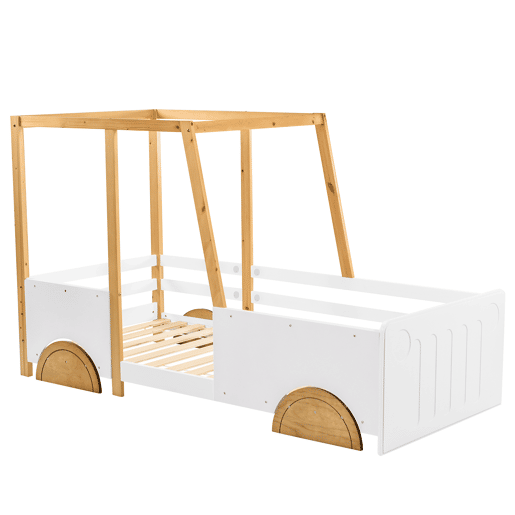 Cama de criança em pinho maciço 90x200 cm - em forma de jipe - Branco e Natural
