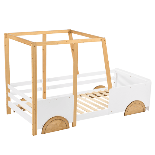 Cama de criança em pinho maciço 90x200 cm - em forma de jipe - Branco e Natural