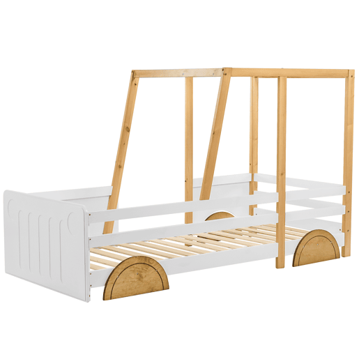 Cama de criança em pinho maciço 90x200 cm - em forma de jipe - Branco e Natural