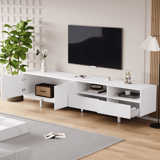 Armário TV 200 cm - com 3 compartimentos e 2 gavetas - TV 90u201D capacidade máxima - Branco