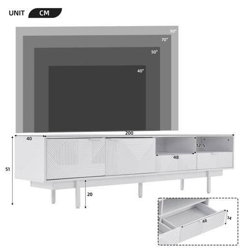 Armário TV 200 cm - com 3 compartimentos e 2 gavetas - TV 90u201D capacidade máxima - Branco