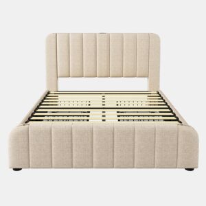 Cama com gavetas 140x200 cm em tecido de linho - com carregamento USB e tipo C - decorada com riscas douradas - Bege