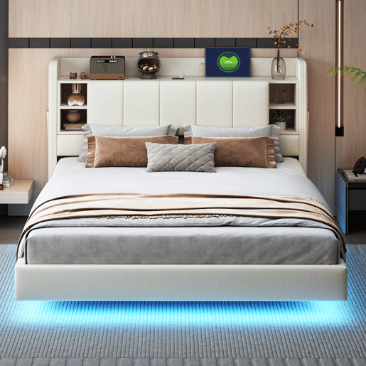 Cama estofada em linho 160x200 cm - com tomada USB + LED - com base metálica - Bege
