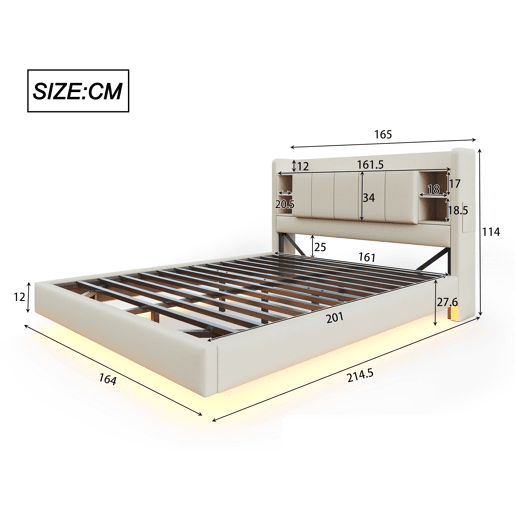 Cama estofada em linho 160x200 cm - com tomada USB + LED - com base metálica - Bege