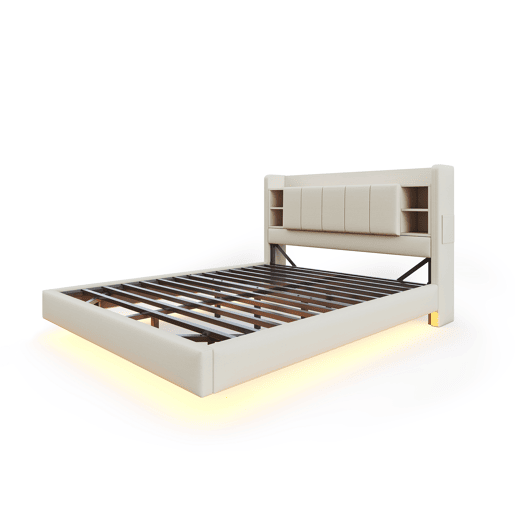 Cama estofada em linho 160x200 cm - com tomada USB + LED - com base metálica - Bege