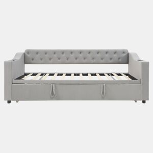 Cama com gavetão 90180x190 cm - com tomadas e compartimento para arrumação - tecido aveludado - Cinzento
