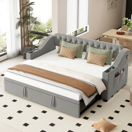 Cama com gavetão 90180x190 cm - com tomadas e compartimento para arrumação - tecido aveludado - Cinzento