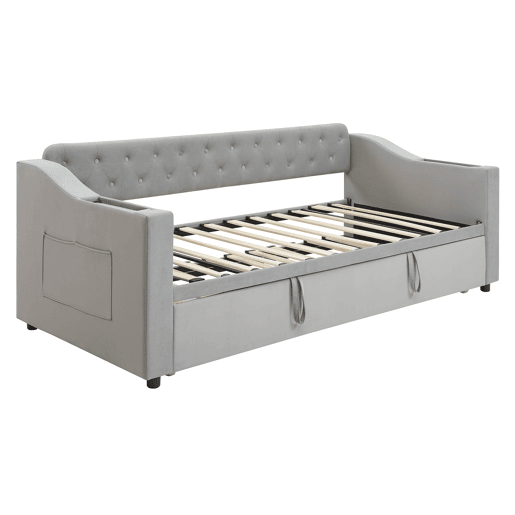 Cama com gavetão 90180x190 cm - com tomadas e compartimento para arrumação - tecido aveludado - Cinzento