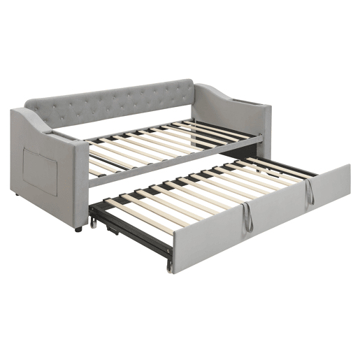 Cama com gavetão 90180x190 cm - com tomadas e compartimento para arrumação - tecido aveludado - Cinzento