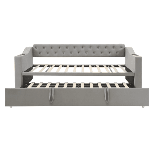 Cama com gavetão 90180x190 cm - com tomadas e compartimento para arrumação - tecido aveludado - Cinzento