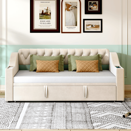Cama com gavetão 90180x190 cm - com tomadas e compartimento para arrumação - tecido aveludado - Bege