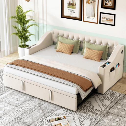 Cama com gavetão 90180x190 cm - com tomadas e compartimento para arrumação - tecido aveludado - Bege