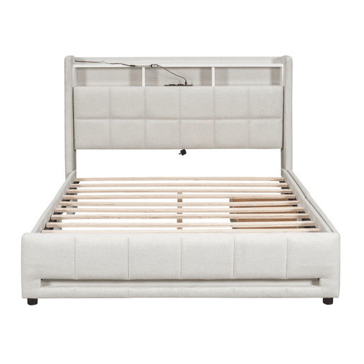 Cama de casal em tecido de linho 140x200 cm - com 2 gavetas + LED + tomada USB - Bege