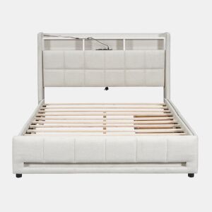 Cama de casal em tecido de linho 140x200 cm - com 2 gavetas + LED + tomada USB - Bege