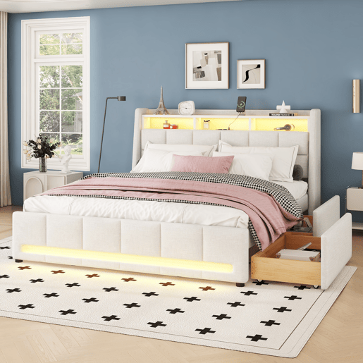 Cama de casal em tecido de linho 140x200 cm - com 2 gavetas + LED + tomada USB - Bege